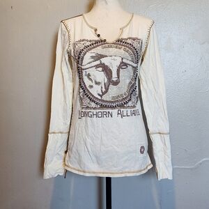 Double D Ranch Long Sleeve Longhorn Cowgirl Western Wear V Neck T Shirt